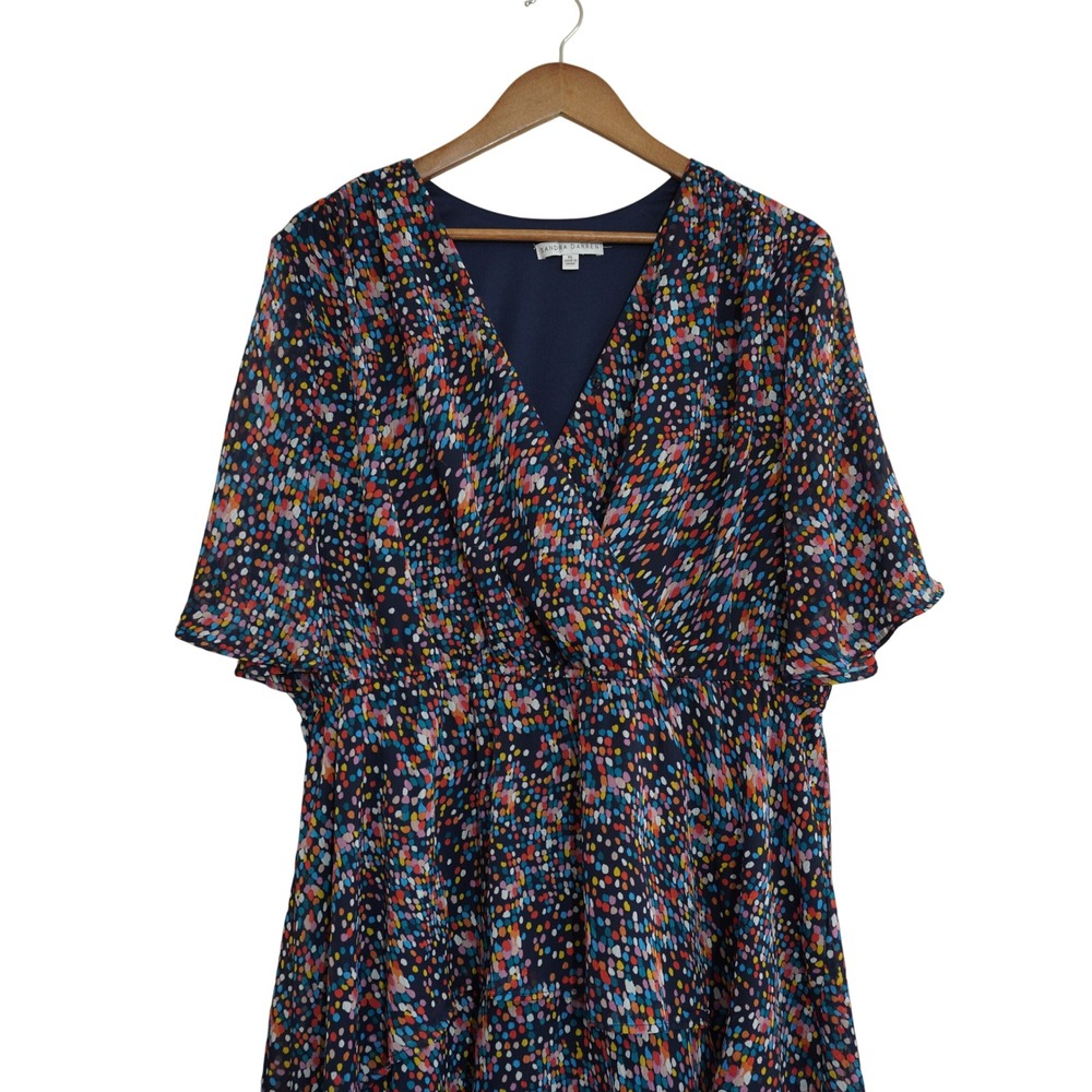 Sandra Darren XL Confetti Dot Tiered Faux Wrap Midi‎ Dress Navy Multicolor Party - Picture 2 of 9